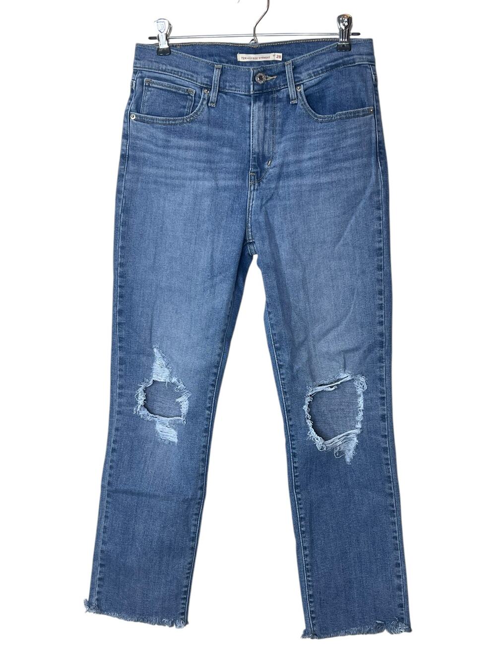 Levis 724 High Rise Straight Leg Button Fly Jeans Distressed Blue Women's 28